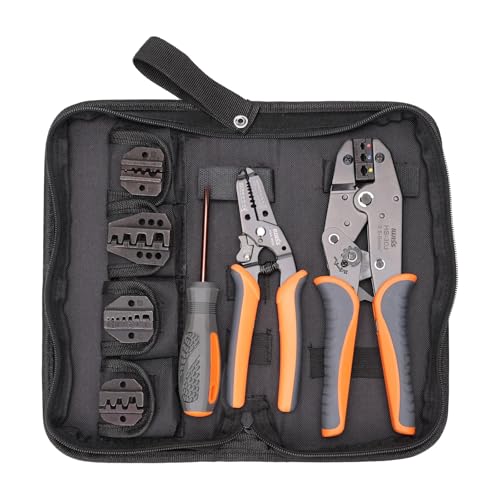 iCrimp Ratchet Wire Crimping Tool Set w 5 Interchangeable Jaws for Insulated and NonInsulated Terminals AWG202 Wire Stripper included