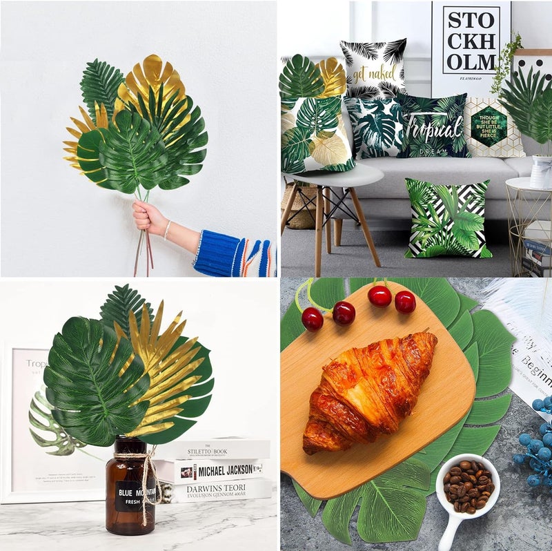 Ledoira 72 Pieces 10 Kinds Artificial Palm Leaves Golden Tropical Leaves with Stems Jungle Leaves Decorations for Hawaiian Luau Party Beach Baby Shower Wedding Birthday - Image 3