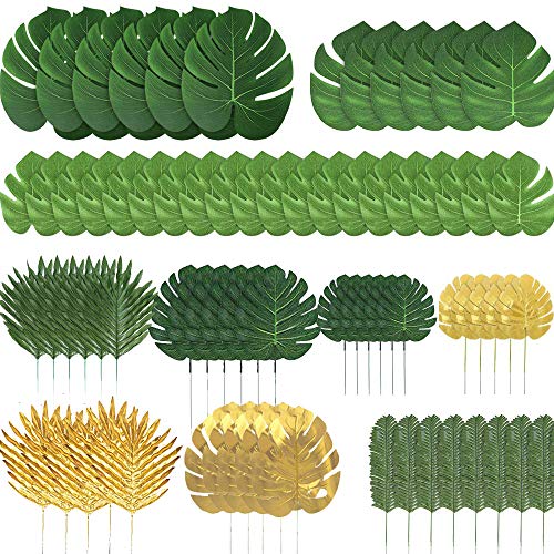 Ledoira 72 Pieces 10 Kinds Artificial Palm Leaves Golden Tropical Leaves with Stems Jungle Leaves Decorations for Hawaiian Luau Party Beach Baby Shower Wedding Birthday - Image 1