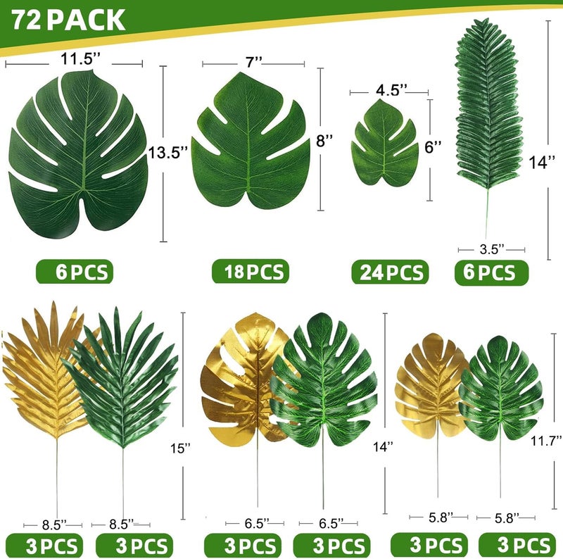 Ledoira 72 Pieces 10 Kinds Artificial Palm Leaves Golden Tropical Leaves with Stems Jungle Leaves Decorations for Hawaiian Luau Party Beach Baby Shower Wedding Birthday - Image 2