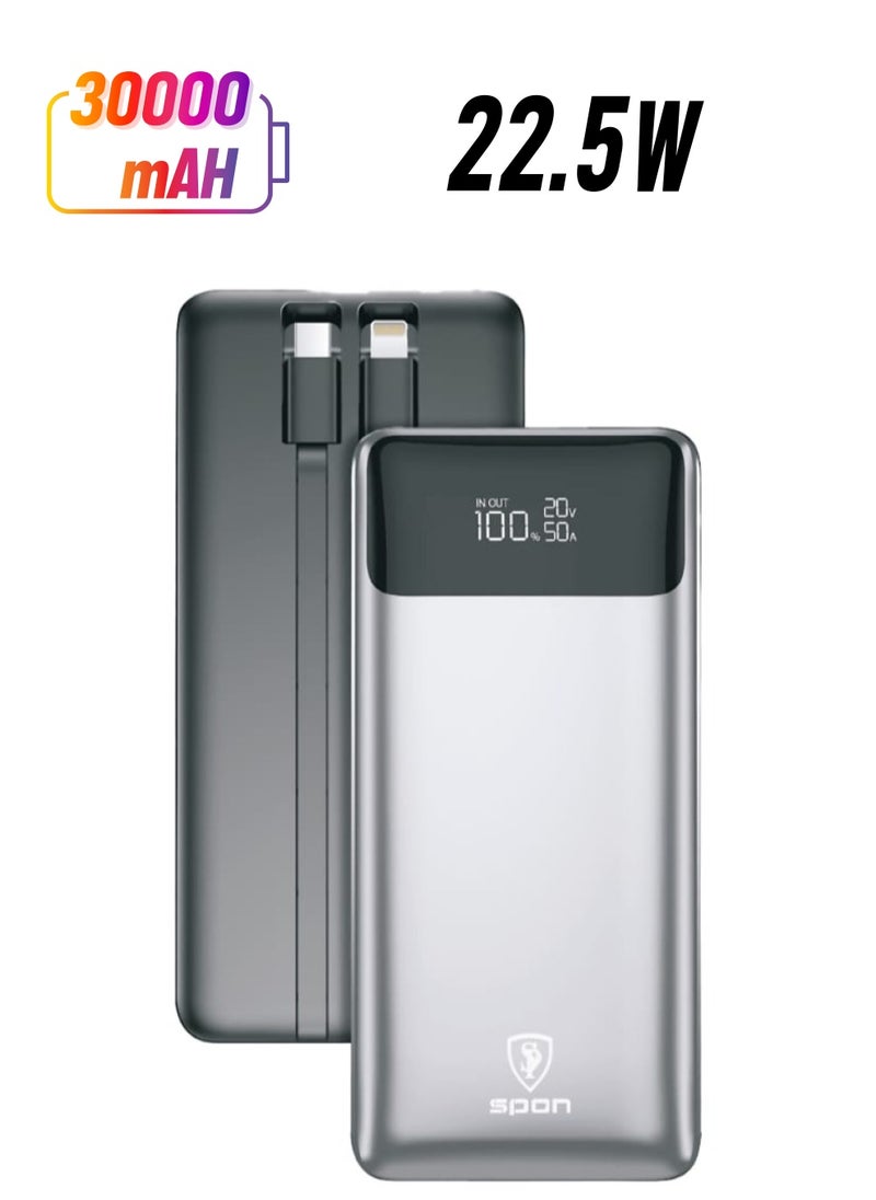 SPON Powerful Wireless Portable Power Bank 30000 mAh Built-in Charging Cables for iPhone and Type-C 22.5W and LED Screen Quick Charging and Compatible with all Devices 