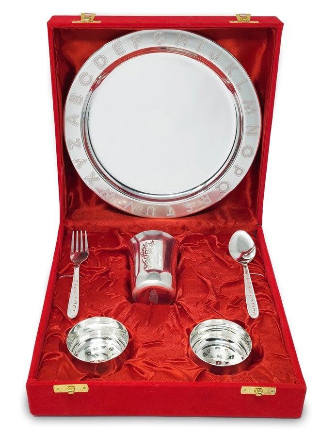 BENGALEN Silver Plated Dinner Set with Red Velvet Gift Box for Baby Rice Ceremony Annaprashan Sanskar Gifts for Boys Girls Birthday Return Festive Home Decorative Items - Image 1