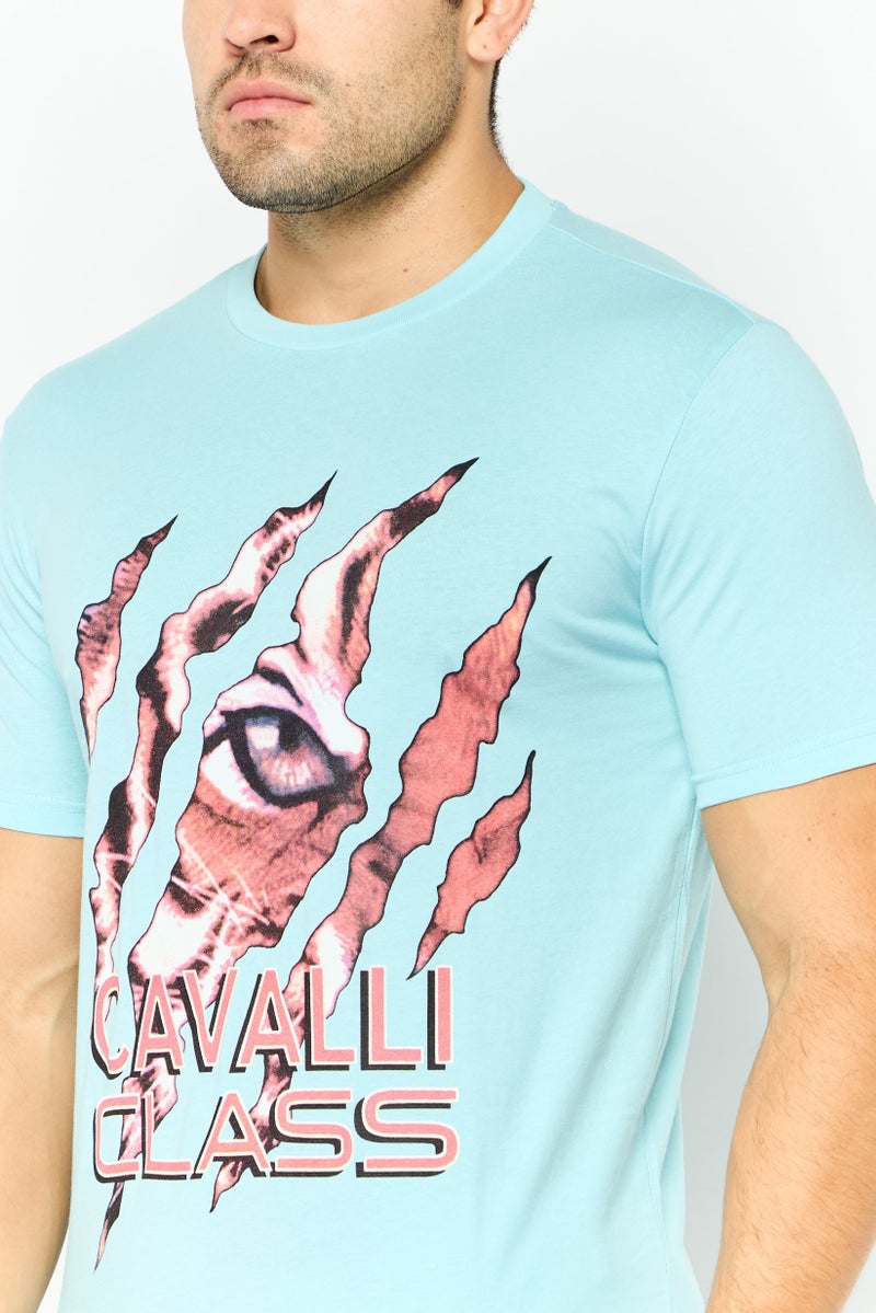 Cavalli Class Men Round Neck Short Sleeve Graphic Print T-Shirt, Light Blue - Image 2