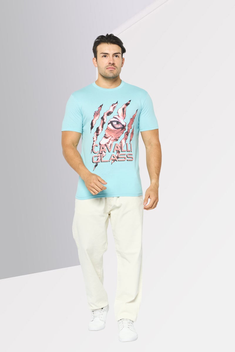 Cavalli Class Men Round Neck Short Sleeve Graphic Print T-Shirt, Light Blue - Image 4