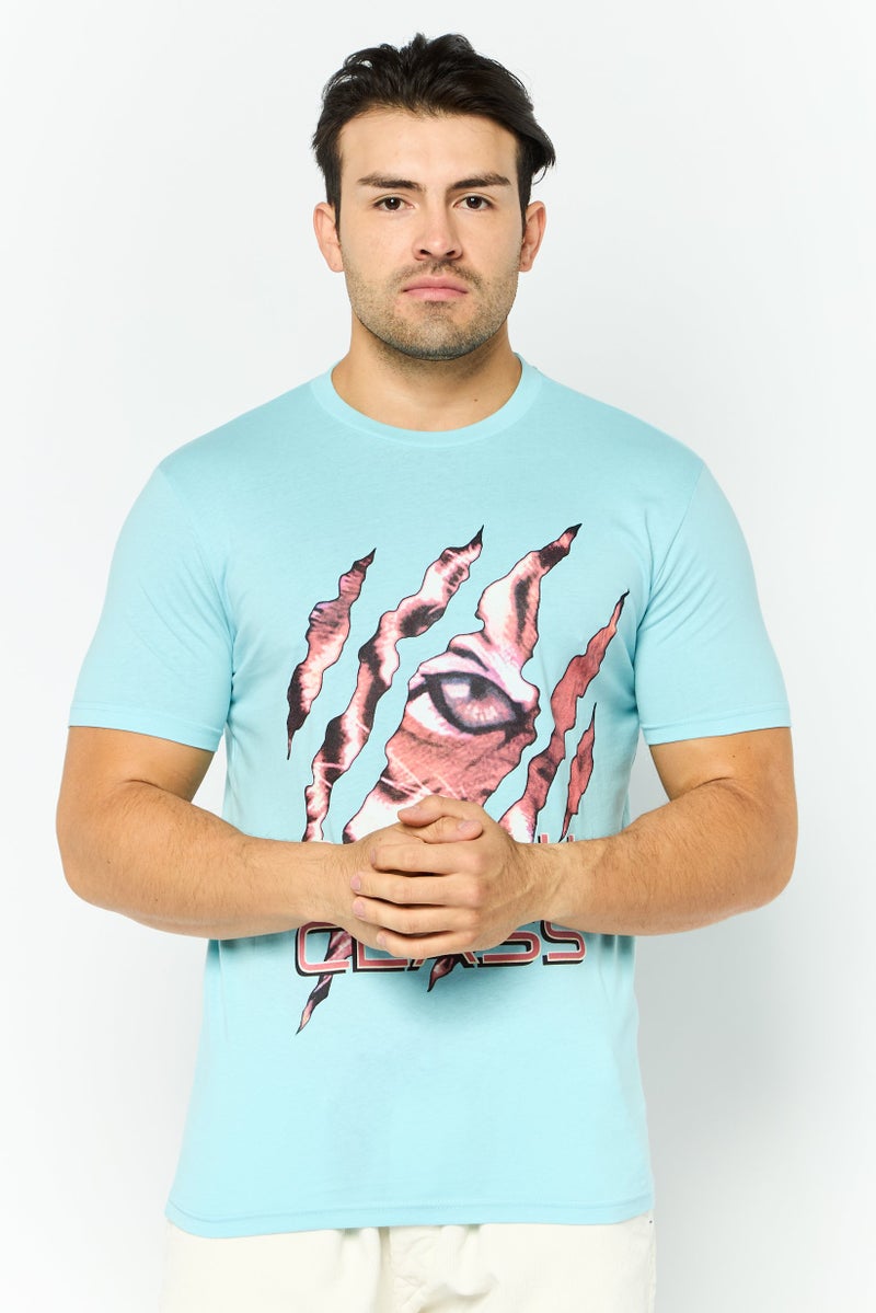 Cavalli Class Men Round Neck Short Sleeve Graphic Print T-Shirt, Light Blue - Image 1