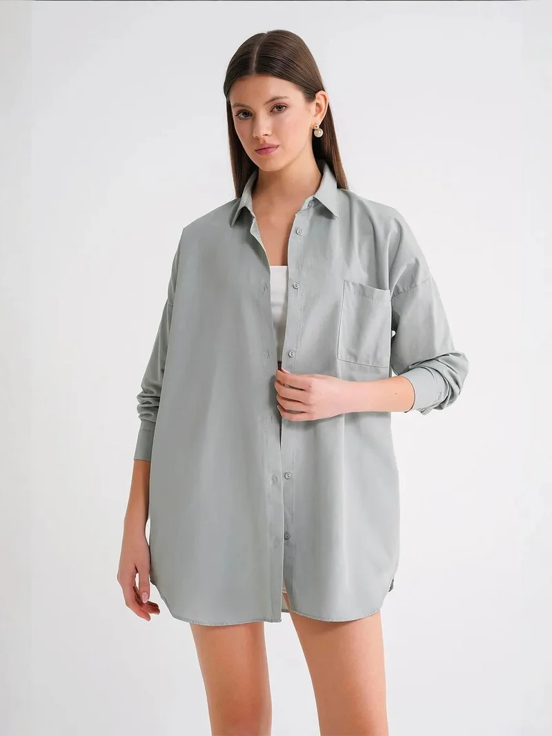 MixRay Mint Green Oversized Long-Sleeve Button-Up Poplin Shirt for Women | Best Price UAE
