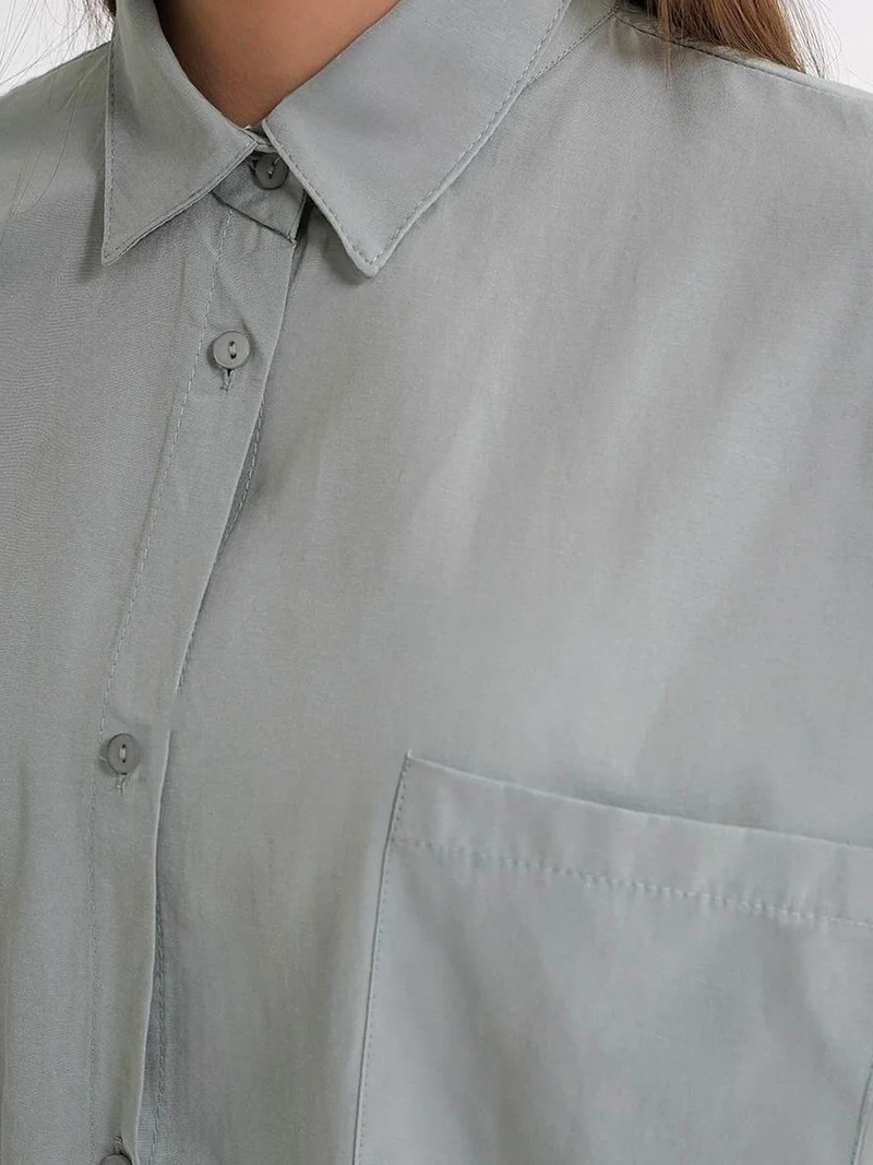 MixRay Mint Green Oversized Long-Sleeve Button-Up Poplin Shirt for Women | Best Price UAE