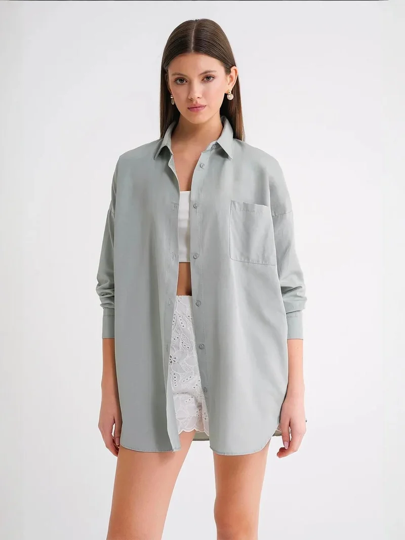 MixRay Mint Green Oversized Long-Sleeve Button-Up Poplin Shirt for Women | Best Price UAE