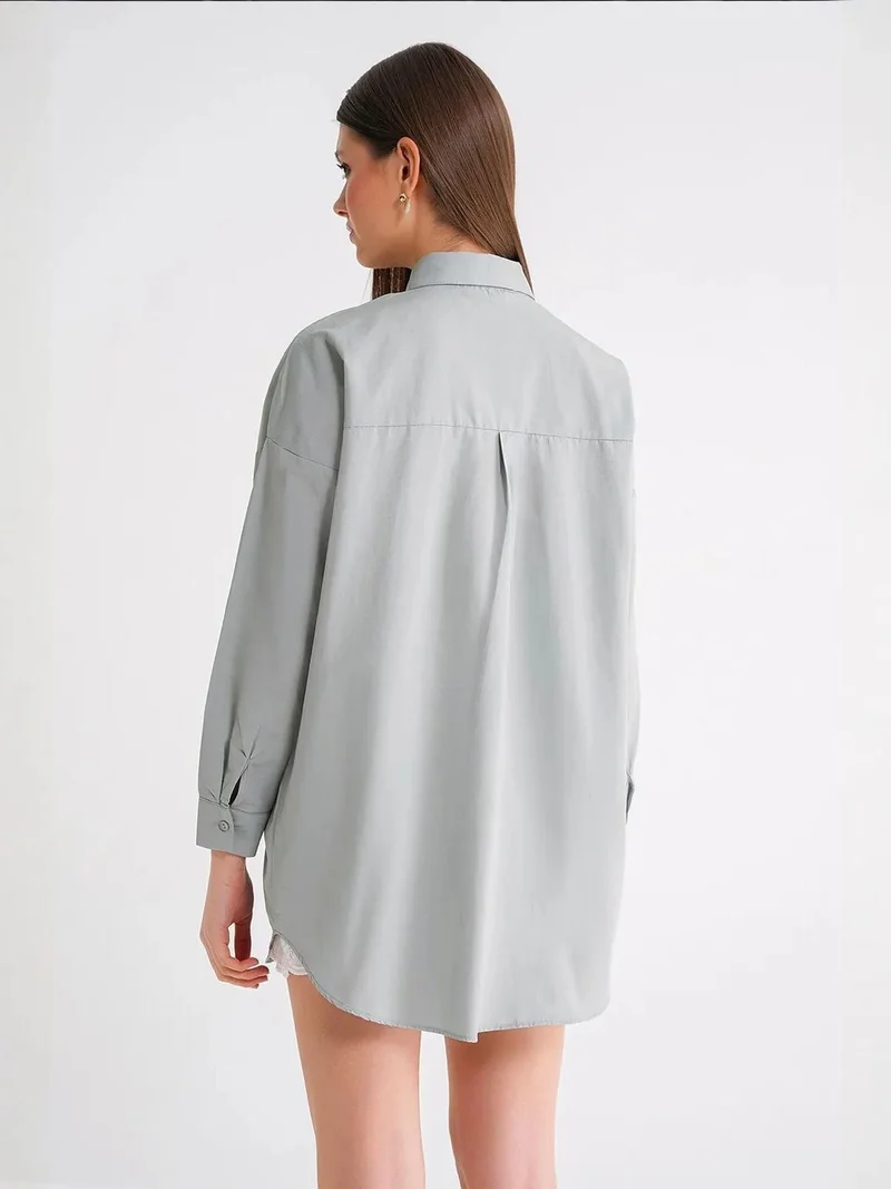 MixRay Mint Green Oversized Long-Sleeve Button-Up Poplin Shirt for Women | Best Price UAE