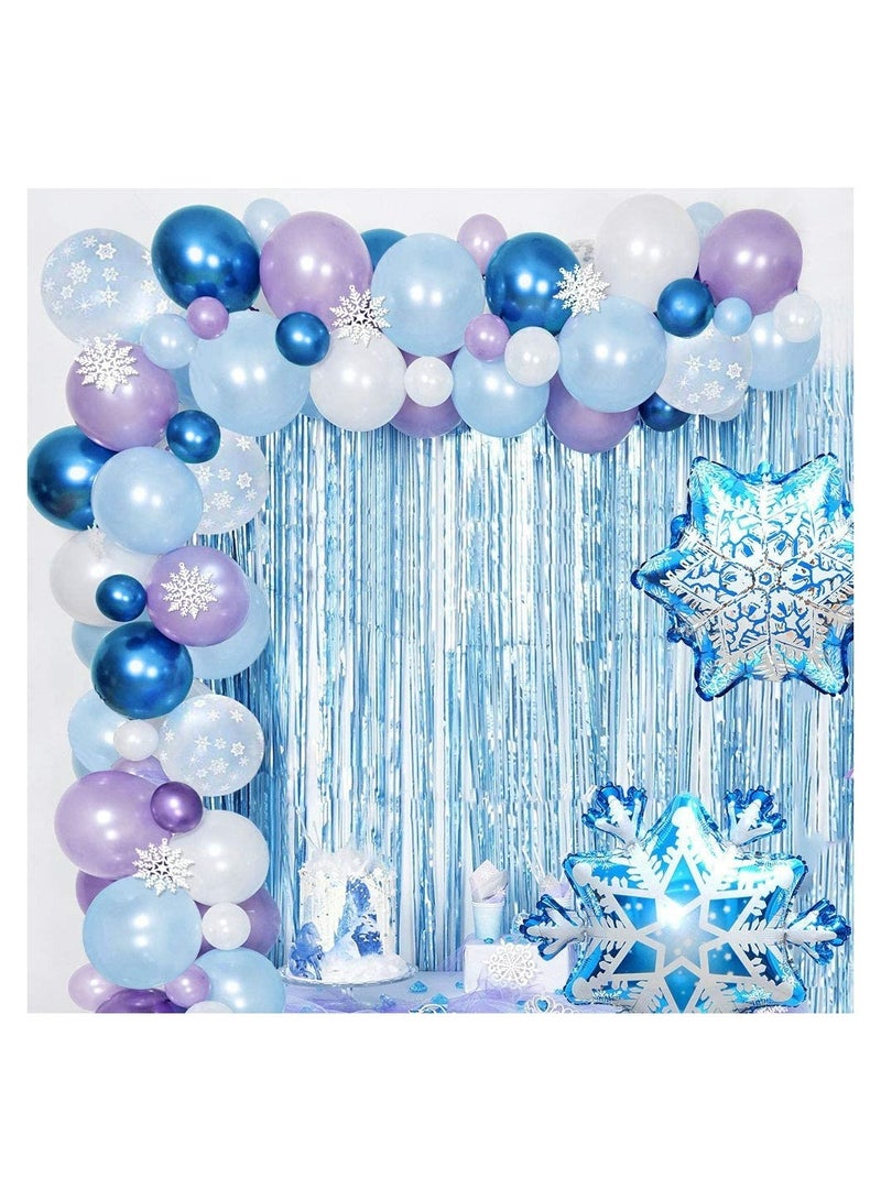 JOLLITY LLC Wonderland Birthday Party Balloon Arch, Winter Frozen Theme Decoration, Blue White Metallic Latex Foil Garland with Snowflake Balloon Strip Tape Ribbon for Girls Baby Shower (78pcs) - Image 1