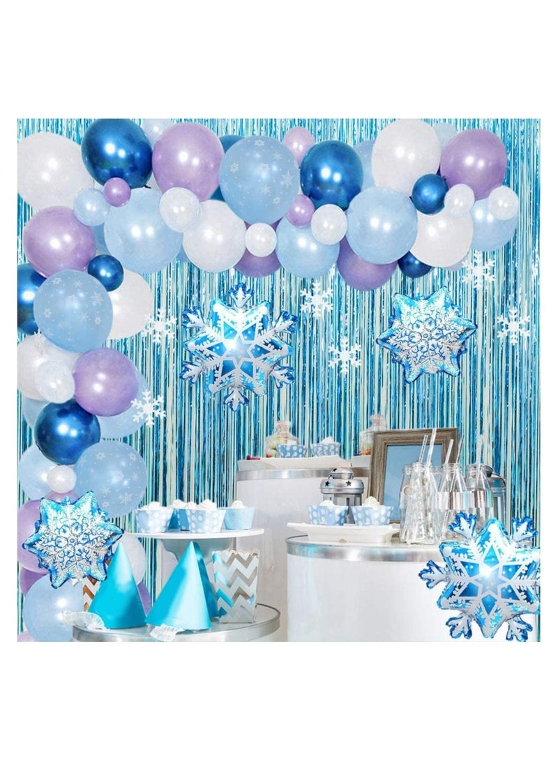 JOLLITY LLC Wonderland Birthday Party Balloon Arch, Winter Frozen Theme Decoration, Blue White Metallic Latex Foil Garland with Snowflake Balloon Strip Tape Ribbon for Girls Baby Shower (78pcs) - Image 3