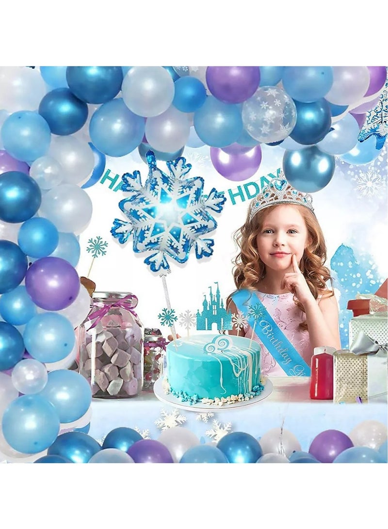 JOLLITY LLC Wonderland Birthday Party Balloon Arch, Winter Frozen Theme Decoration, Blue White Metallic Latex Foil Garland with Snowflake Balloon Strip Tape Ribbon for Girls Baby Shower (78pcs) - Image 4