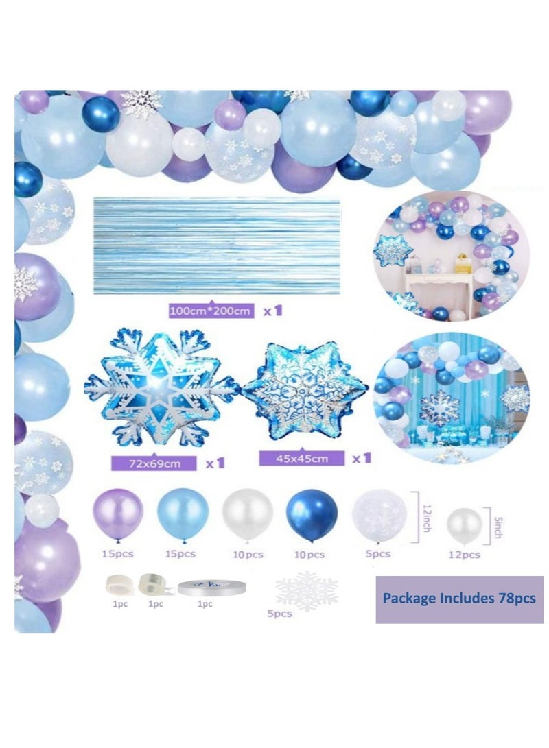 JOLLITY LLC Wonderland Birthday Party Balloon Arch, Winter Frozen Theme Decoration, Blue White Metallic Latex Foil Garland with Snowflake Balloon Strip Tape Ribbon for Girls Baby Shower (78pcs) - Image 2