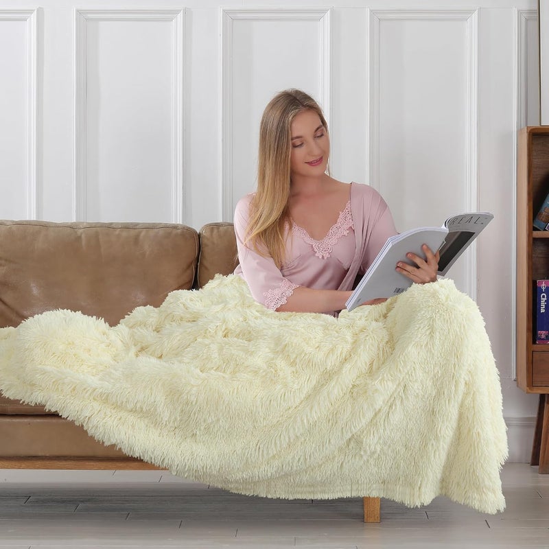 Tuddrom Extra Soft Faux Fur Blanket Twin Size 70" x 78", Reversible Fuzzy Long Hair Shaggy, Fluffy Cozy Plush Fleece Comfy Microfiber for Couch Sofa Bed, Light Yellow - Image 4