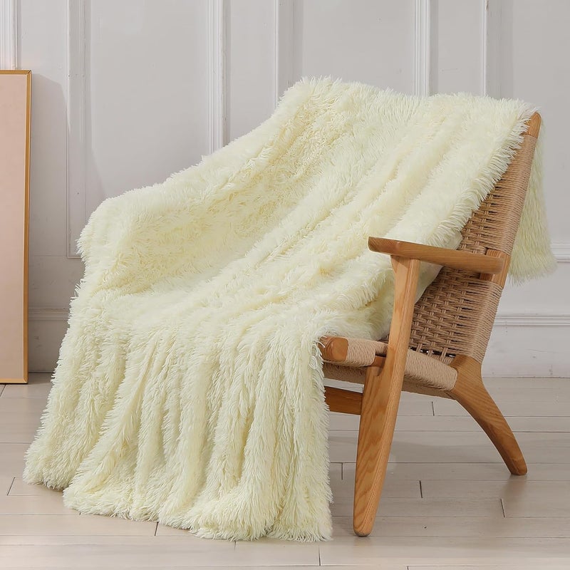 Tuddrom Extra Soft Faux Fur Blanket Twin Size 70" x 78", Reversible Fuzzy Long Hair Shaggy, Fluffy Cozy Plush Fleece Comfy Microfiber for Couch Sofa Bed, Light Yellow - Image 1