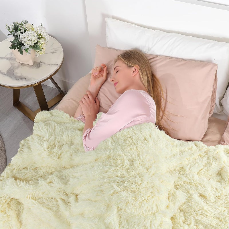 Tuddrom Extra Soft Faux Fur Blanket Twin Size 70" x 78", Reversible Fuzzy Long Hair Shaggy, Fluffy Cozy Plush Fleece Comfy Microfiber for Couch Sofa Bed, Light Yellow - Image 3