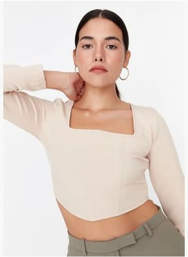 trendyol Stone Woven Square Collar Blouse