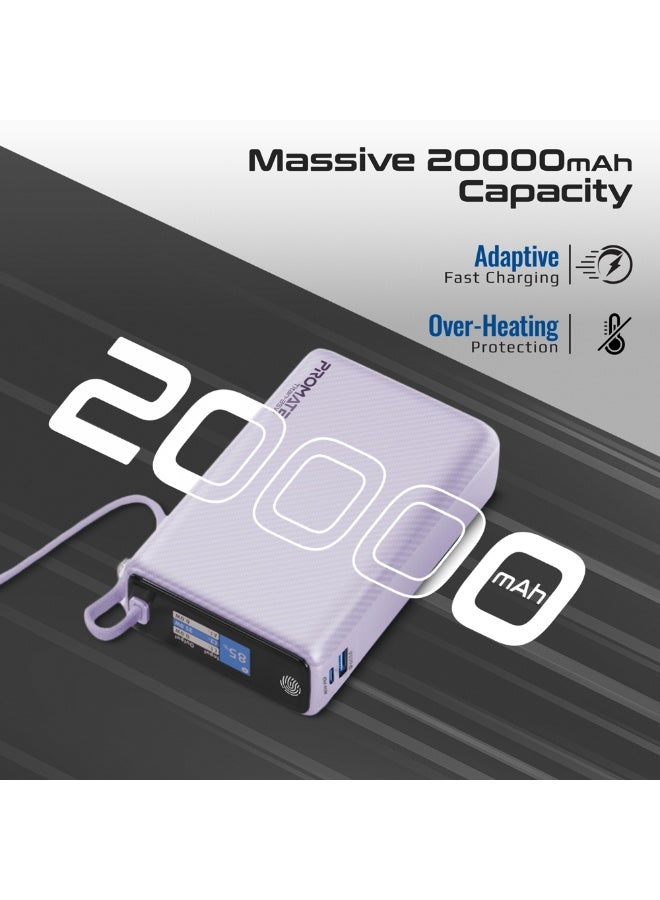 PROMATE Titan-35 20000mAh Power Bank with Built-in USB-C Cable, 35W PD Fast Charging Portable Charger with TFT Smart Display, 3-Port, USB-C, USB-A for iPad,  iPhone 17/17 Pro Max, Samsung S26 Ultra, Airpods and More Purple - Image 2