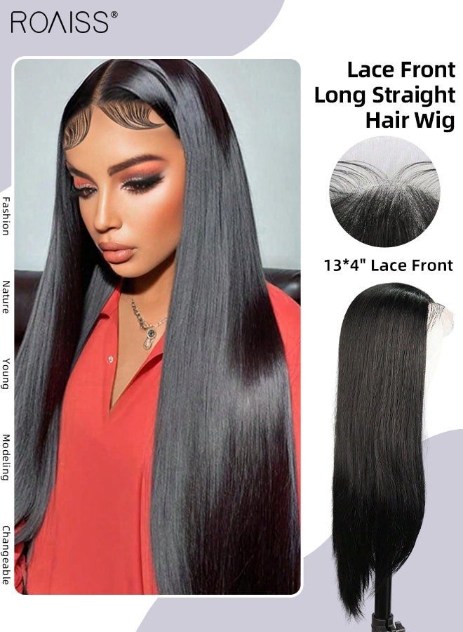 رويس شعر مستعار طويل مفرود بدانتيل أمامي، شعر مستعار صناعي ناعم وطبيعي مقاوم للحرارة لحفلات الزفاف والارتداء اليومي، أسود، 66 سم (26 بوصة) - Image 1