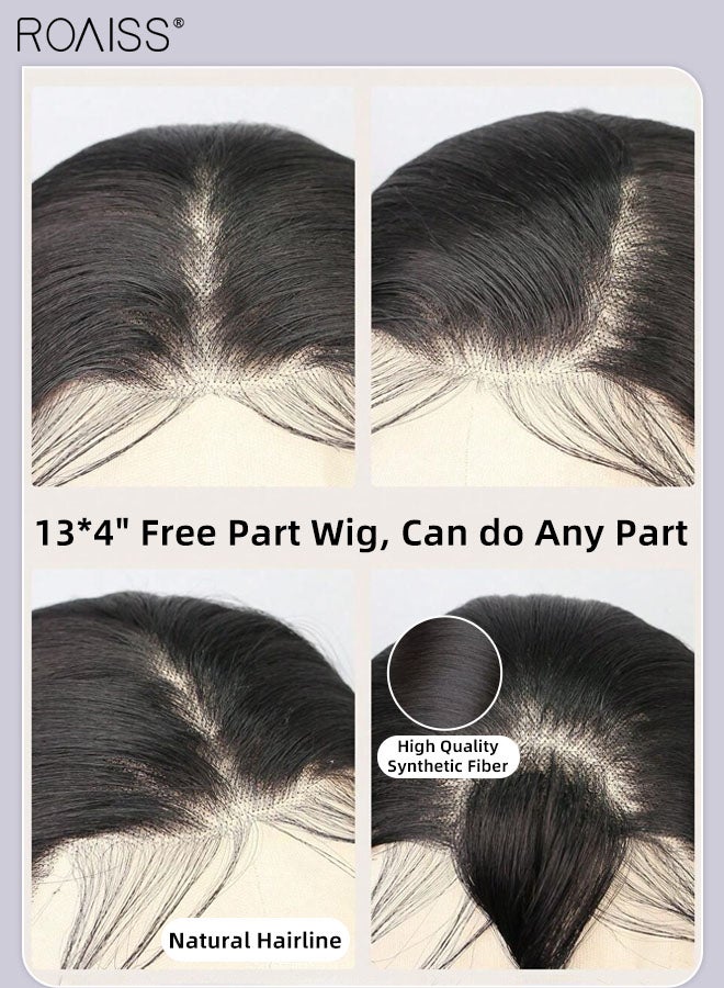 رويس شعر مستعار طويل مفرود بدانتيل أمامي، شعر مستعار صناعي ناعم وطبيعي مقاوم للحرارة لحفلات الزفاف والارتداء اليومي، أسود، 66 سم (26 بوصة) - Image 4