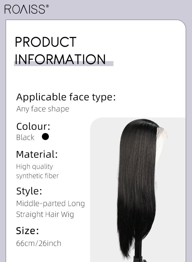 رويس شعر مستعار طويل مفرود بدانتيل أمامي، شعر مستعار صناعي ناعم وطبيعي مقاوم للحرارة لحفلات الزفاف والارتداء اليومي، أسود، 66 سم (26 بوصة) - Image 3