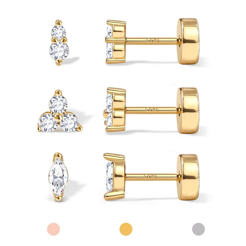 GEMQUEEN Hypoallergenic Flat Back Earrings 14K Gold Plated Solid 925 Sterling Silver Post Earring Stud | Cartilage Helix Conch Tragus Piercing Jewelry 3 Pairs Screw Back CZ Opal Earings Sets for Women Men 3 cz - Image 1