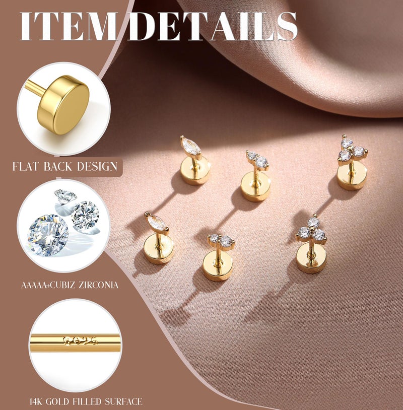 GEMQUEEN Hypoallergenic Flat Back Earrings 14K Gold Plated Solid 925 Sterling Silver Post Earring Stud | Cartilage Helix Conch Tragus Piercing Jewelry 3 Pairs Screw Back CZ Opal Earings Sets for Women Men 3 cz - Image 2