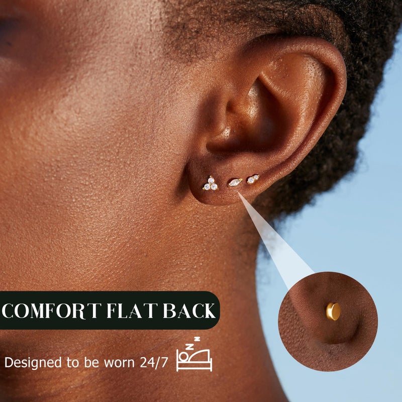 GEMQUEEN Hypoallergenic Flat Back Earrings 14K Gold Plated Solid 925 Sterling Silver Post Earring Stud | Cartilage Helix Conch Tragus Piercing Jewelry 3 Pairs Screw Back CZ Opal Earings Sets for Women Men 3 cz - Image 4