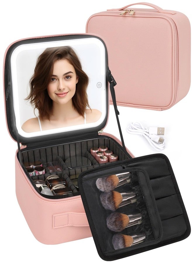 TANTO Makeup Bag With LED Mirror, Travel Makeup Case with Light up Mirror Large Cosmetic Case with 3 Color Lighted Portable Professional Organizer Bag with Adjustable Dividers（Pink） - Image 2