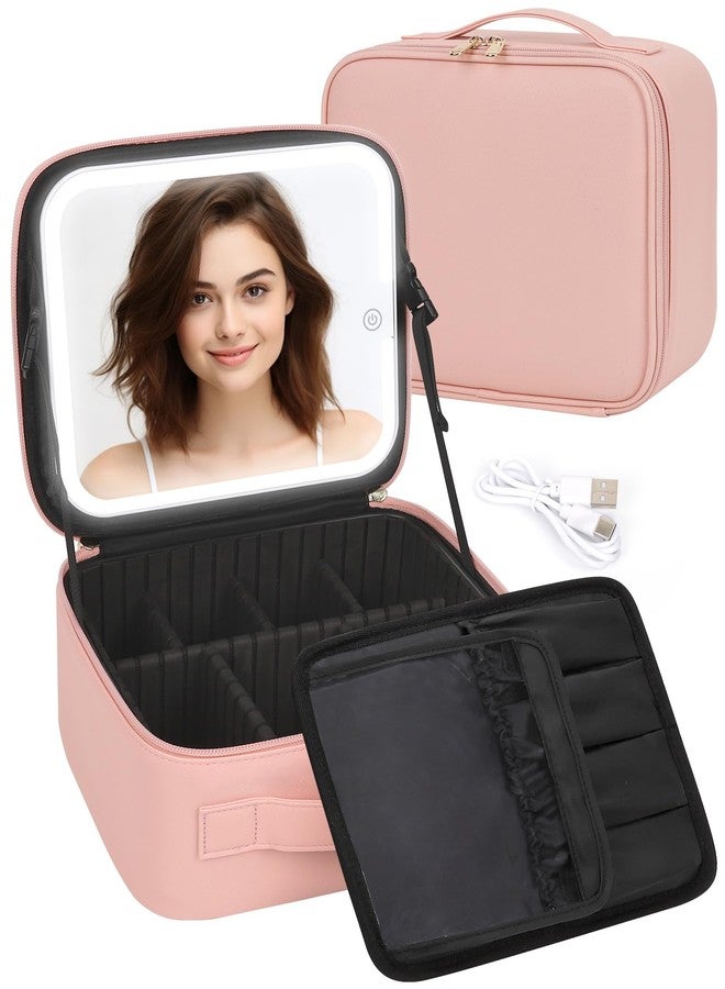 TANTO Makeup Bag With LED Mirror, Travel Makeup Case with Light up Mirror Large Cosmetic Case with 3 Color Lighted Portable Professional Organizer Bag with Adjustable Dividers（Pink） - Image 1