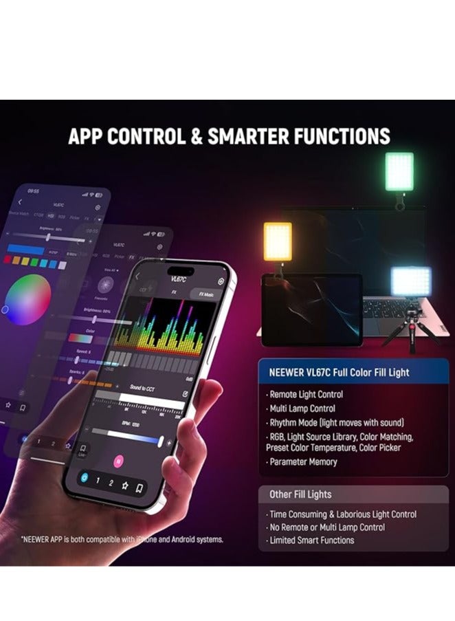 NEEWER VL67C RGB Selfie Light with APP Control, 94 LED CRI97 2000mAh Rechargeable, Cold Shoe Mount as Camera Light, Portable Front & Back Phone Clip for TikTok, Video Conference Light for Laptop - Image 4
