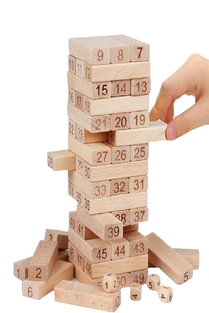 لعبة مكعبات خشبية مرقمة عالية الارتفاع - برج متدحرج كلاسيكي مع نرد - لعبة عائلية ممتعة للأطفال والكبار - 54 قطعة - Image 1