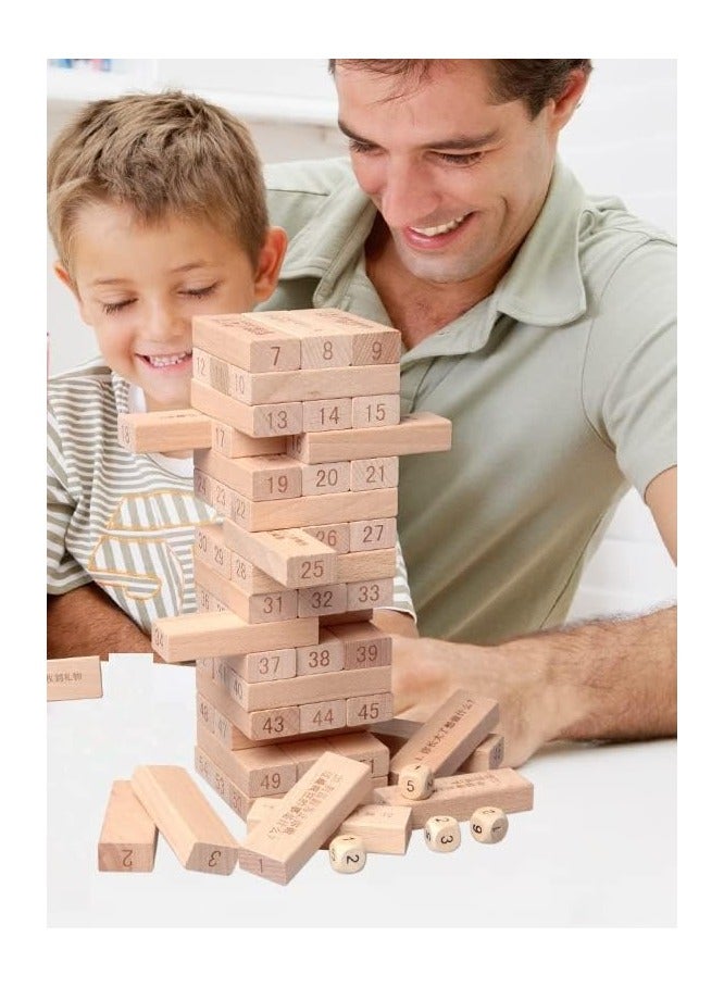 لعبة مكعبات خشبية مرقمة عالية الارتفاع - برج متدحرج كلاسيكي مع نرد - لعبة عائلية ممتعة للأطفال والكبار - 54 قطعة - Image 2