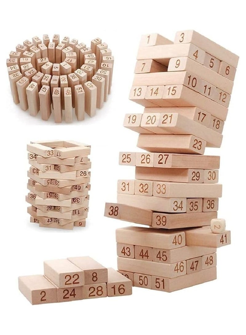 لعبة مكعبات خشبية مرقمة عالية الارتفاع - برج متدحرج كلاسيكي مع نرد - لعبة عائلية ممتعة للأطفال والكبار - 54 قطعة - Image 5