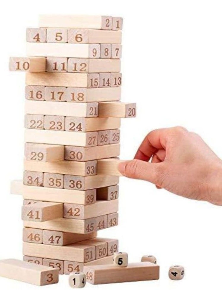 لعبة مكعبات خشبية مرقمة عالية الارتفاع - برج متدحرج كلاسيكي مع نرد - لعبة عائلية ممتعة للأطفال والكبار - 54 قطعة - Image 4