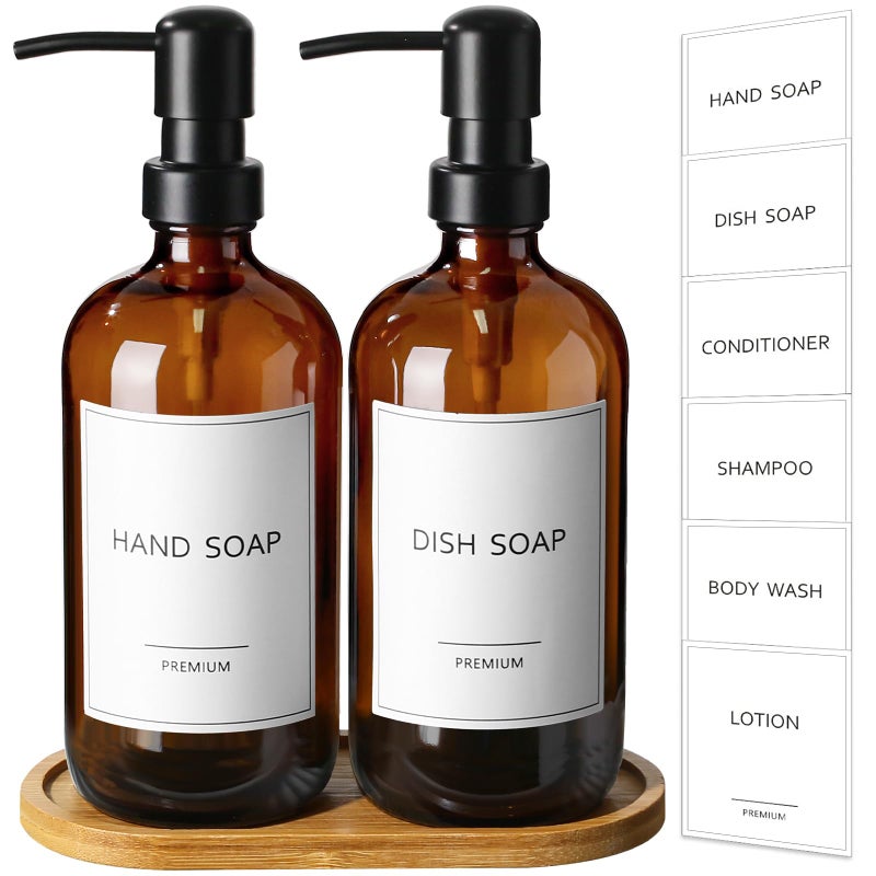 GMISUN Amber Glass Soap Dispenser, 2 Pack Bathroom Hand Soap Dispensers with Bamboo Tray, 17 Fl Oz Kitchen Hand and Dish Soap Dispenser Set, Modern Vintage Liquid Brown Soap Dispensers Bottle - Image 1