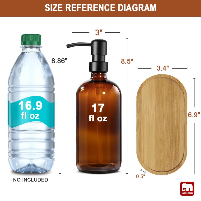 GMISUN Amber Glass Soap Dispenser, 2 Pack Bathroom Hand Soap Dispensers with Bamboo Tray, 17 Fl Oz Kitchen Hand and Dish Soap Dispenser Set, Modern Vintage Liquid Brown Soap Dispensers Bottle - Image 2