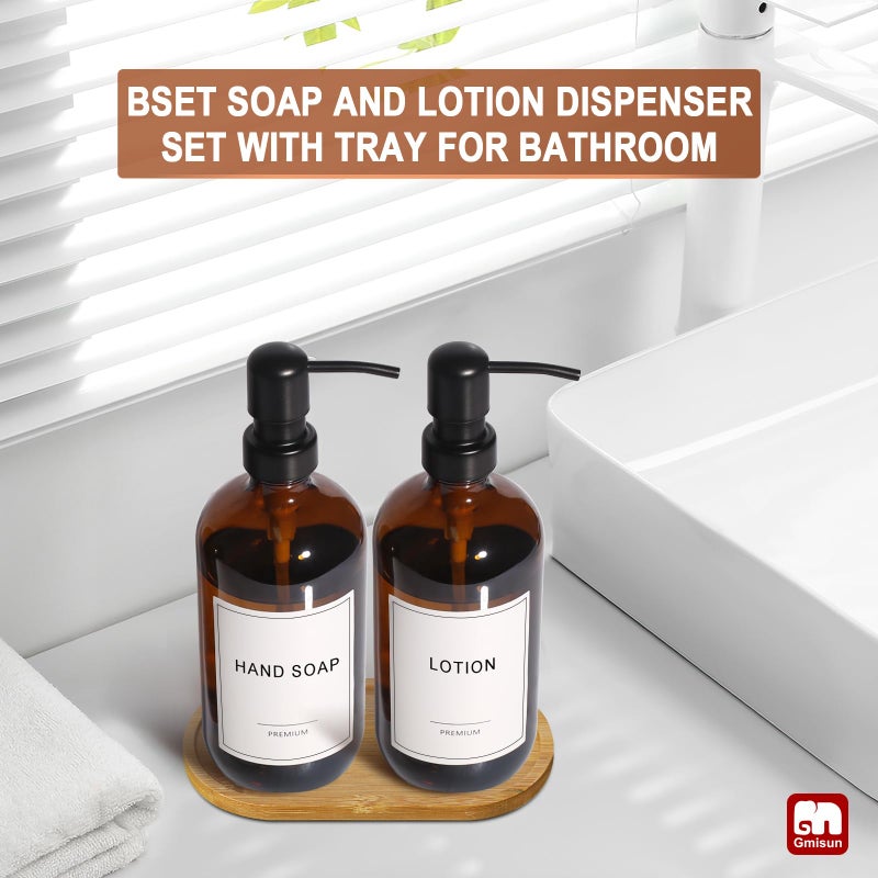 GMISUN Amber Glass Soap Dispenser, 2 Pack Bathroom Hand Soap Dispensers with Bamboo Tray, 17 Fl Oz Kitchen Hand and Dish Soap Dispenser Set, Modern Vintage Liquid Brown Soap Dispensers Bottle - Image 5