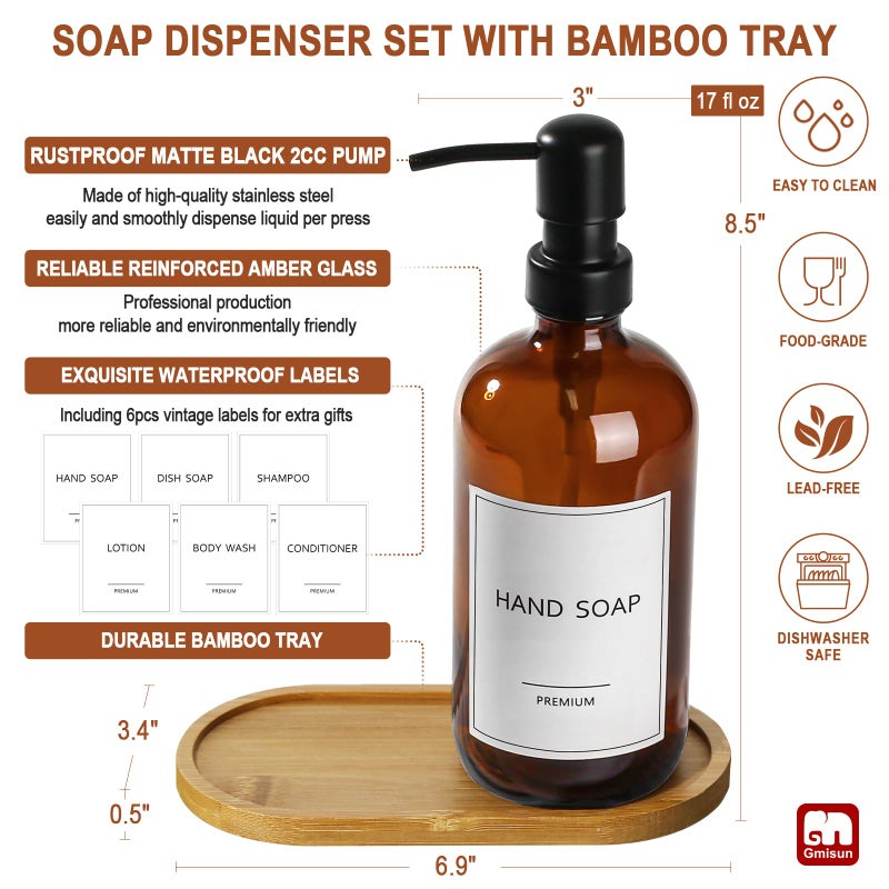 GMISUN Amber Glass Soap Dispenser, 2 Pack Bathroom Hand Soap Dispensers with Bamboo Tray, 17 Fl Oz Kitchen Hand and Dish Soap Dispenser Set, Modern Vintage Liquid Brown Soap Dispensers Bottle - Image 3