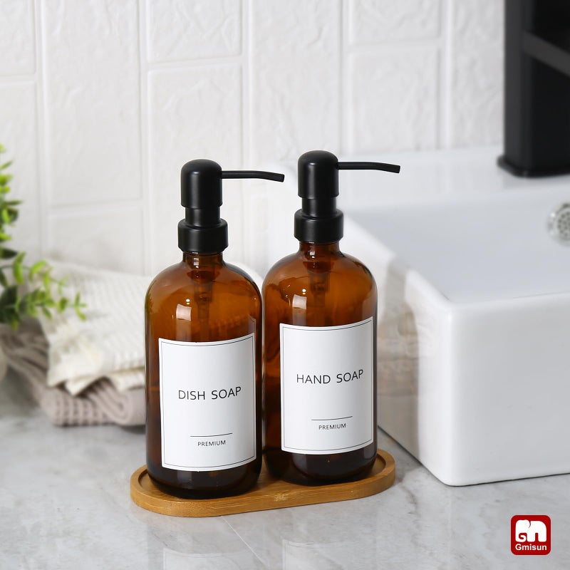 GMISUN Amber Glass Soap Dispenser, 2 Pack Bathroom Hand Soap Dispensers with Bamboo Tray, 17 Fl Oz Kitchen Hand and Dish Soap Dispenser Set, Modern Vintage Liquid Brown Soap Dispensers Bottle - Image 4