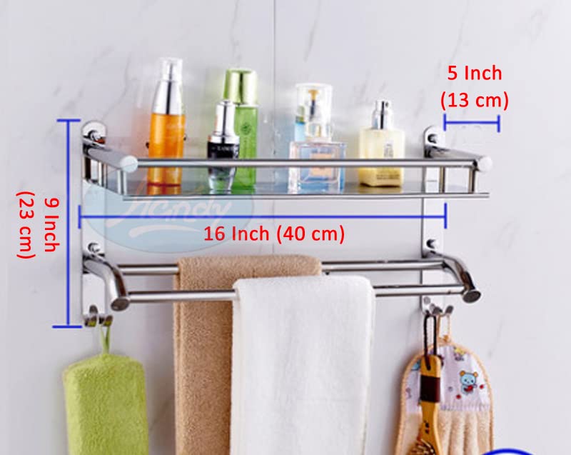 HANDY Stainless Steel Bathroom Accessories Luxurious 2 Layer Bathroom Shelf with Towel Rod and Hook Multipurpose Wall Mount Bathroom Shelves with Hook Silver 16 x 5 x 9 Inch - Image 2