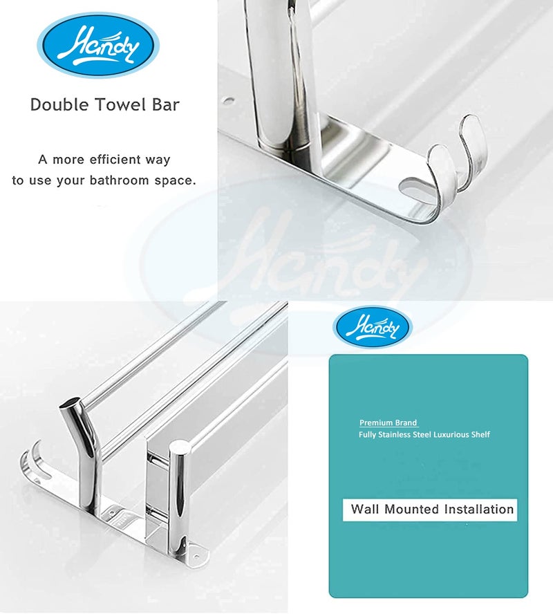 HANDY Stainless Steel Bathroom Accessories Luxurious 2 Layer Bathroom Shelf with Towel Rod and Hook Multipurpose Wall Mount Bathroom Shelves with Hook Silver 16 x 5 x 9 Inch - Image 4