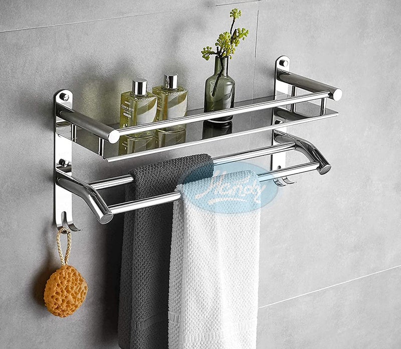 HANDY Stainless Steel Bathroom Accessories Luxurious 2 Layer Bathroom Shelf with Towel Rod and Hook Multipurpose Wall Mount Bathroom Shelves with Hook Silver 16 x 5 x 9 Inch - Image 1