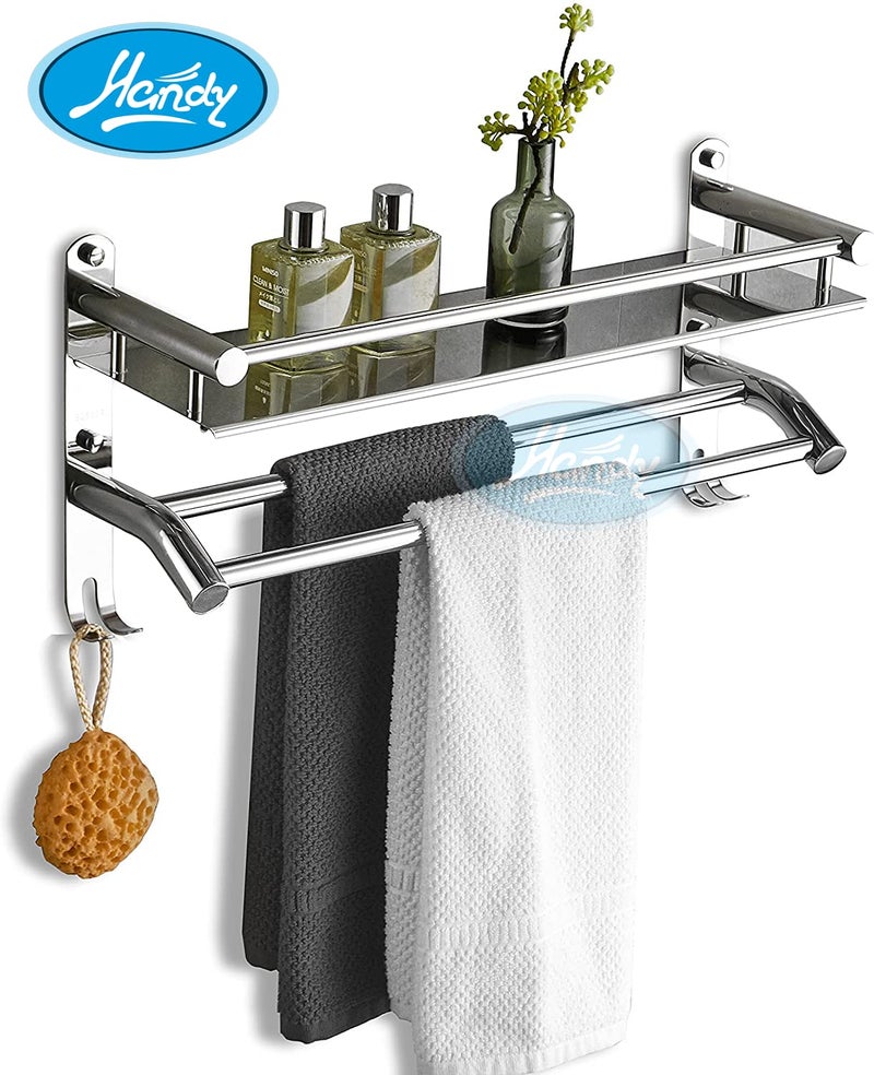 HANDY Stainless Steel Bathroom Accessories Luxurious 2 Layer Bathroom Shelf with Towel Rod and Hook Multipurpose Wall Mount Bathroom Shelves with Hook Silver 16 x 5 x 9 Inch - Image 3