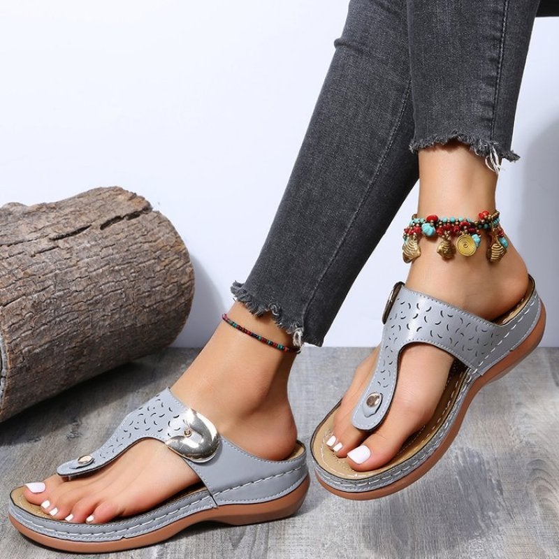 Toe sandals female 2022 spring new round head hollow metal buckle comfortable wedge heel wear solid color flip-flops black 43 - Image 4