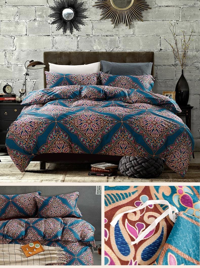 Eikei Home Damask Medallion Luxury Duvet Quilt Cover Boho Paisley Print Bedding Set 400 Thread Count Egyptian Cotton Sateen Vibrant Bohemian Pattern 3 pieces (Queen  Teal) - Image 4