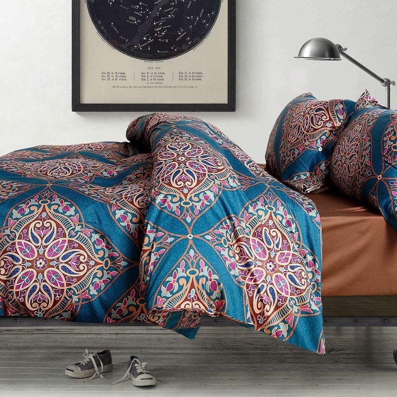 Eikei Home Damask Medallion Luxury Duvet Quilt Cover Boho Paisley Print Bedding Set 400 Thread Count Egyptian Cotton Sateen Vibrant Bohemian Pattern 3 pieces (Queen  Teal) - Image 1