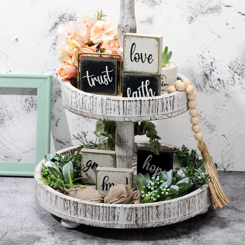 Qunclay 6 Pieces Farmhouse Tiered Tray Decor Inspirational Rustic Wood Sign Faith Love Hope Wooden Table Decorations Art Print Wooden Block Signs for Office Home Tabletop Bookshelf, 2.5 x 2.5 Inch - Image 4
