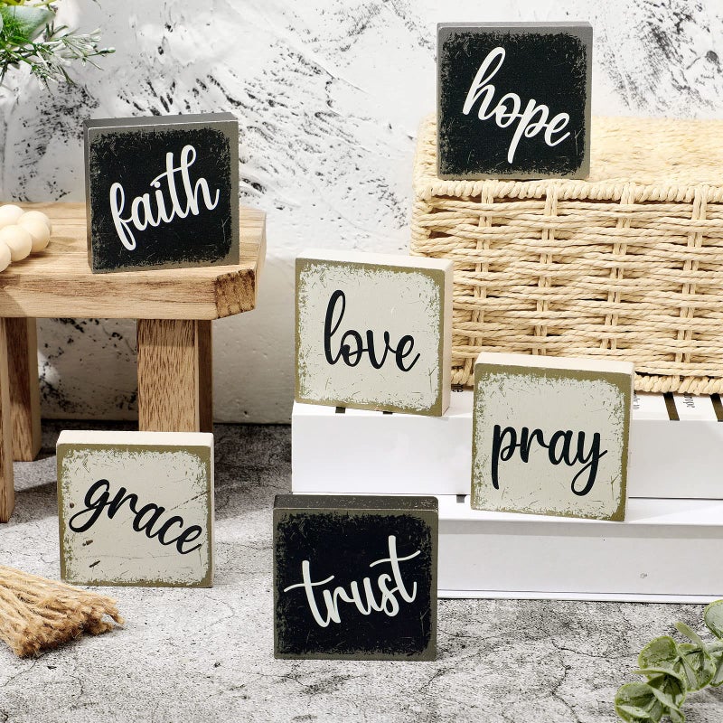 Qunclay 6 Pieces Farmhouse Tiered Tray Decor Inspirational Rustic Wood Sign Faith Love Hope Wooden Table Decorations Art Print Wooden Block Signs for Office Home Tabletop Bookshelf, 2.5 x 2.5 Inch - Image 1