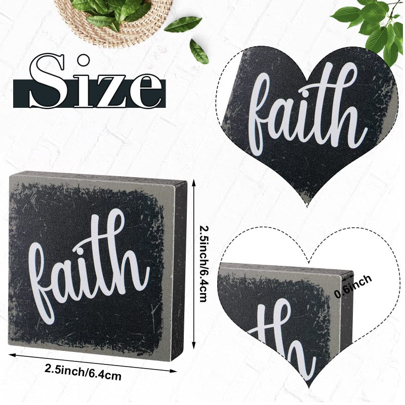 Qunclay 6 Pieces Farmhouse Tiered Tray Decor Inspirational Rustic Wood Sign Faith Love Hope Wooden Table Decorations Art Print Wooden Block Signs for Office Home Tabletop Bookshelf, 2.5 x 2.5 Inch - Image 2